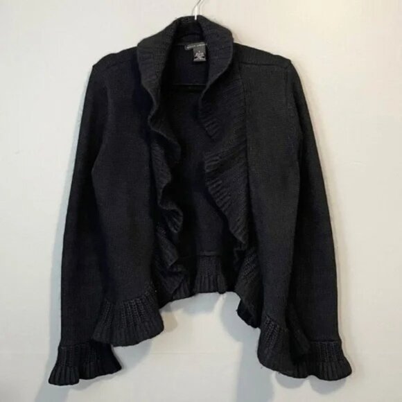 EUC Vintage Angora Wool Blend Ruffle Trim Open Cardigan Black Large - Picture 1 of 3